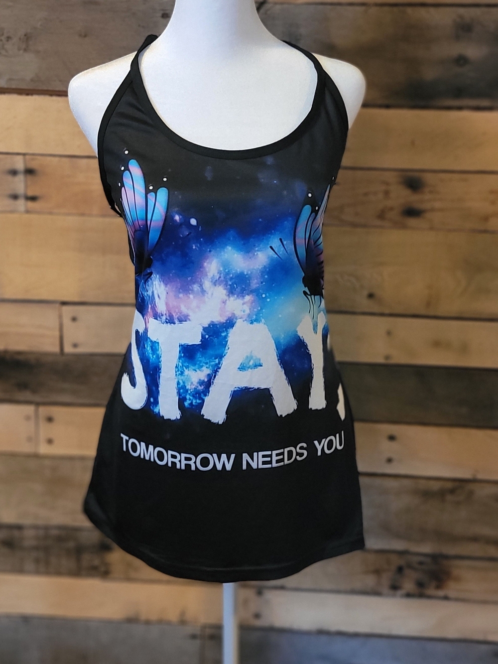Anti-Suicide "Stay Tomorrow Needs You" Spaghetti Strap Black Tank Med NWOT